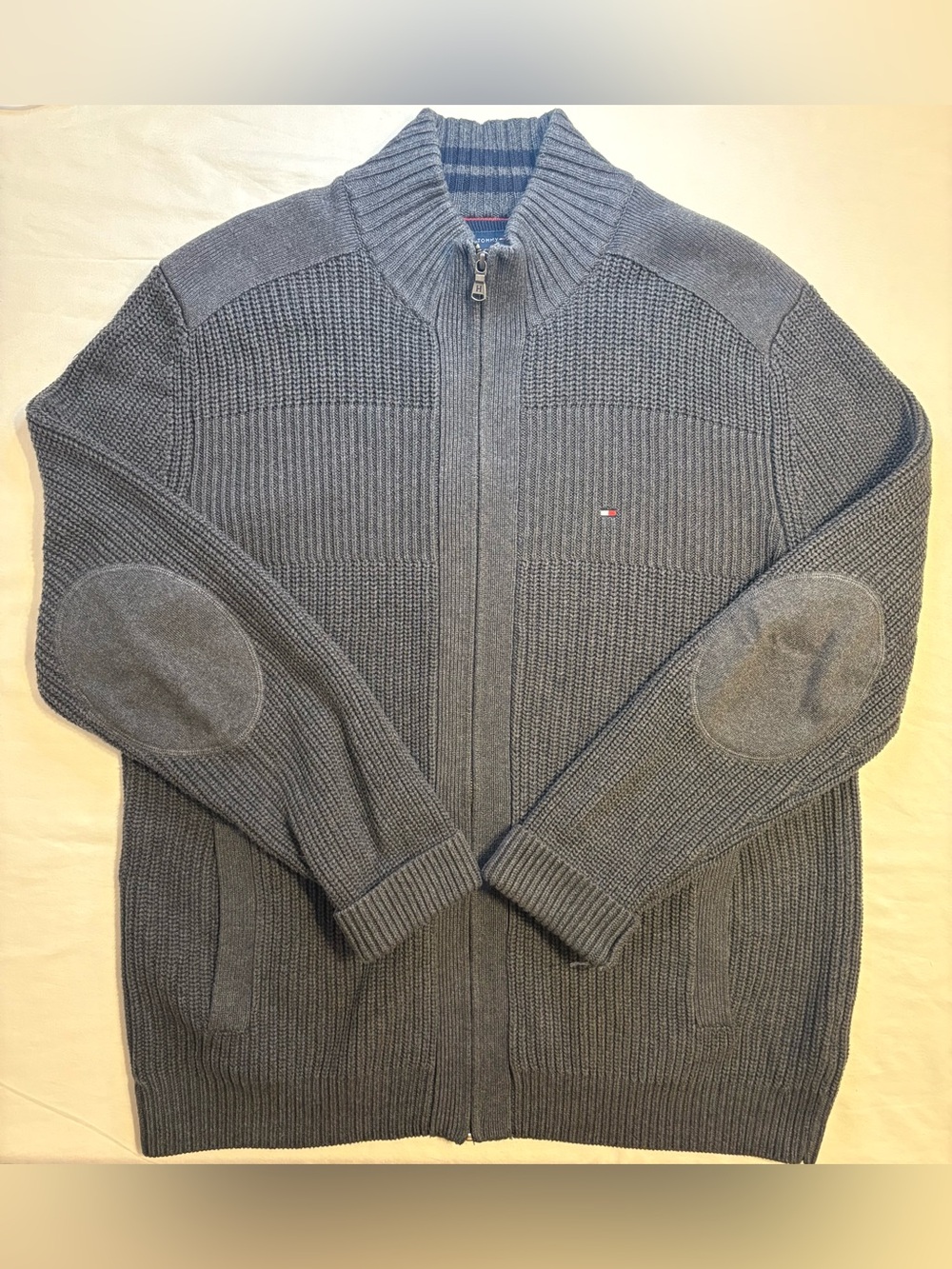 Tommy Hilfiger Men's Ribbed Heavy Knit Full Zip Cardigan Jacket with Elbow Patch